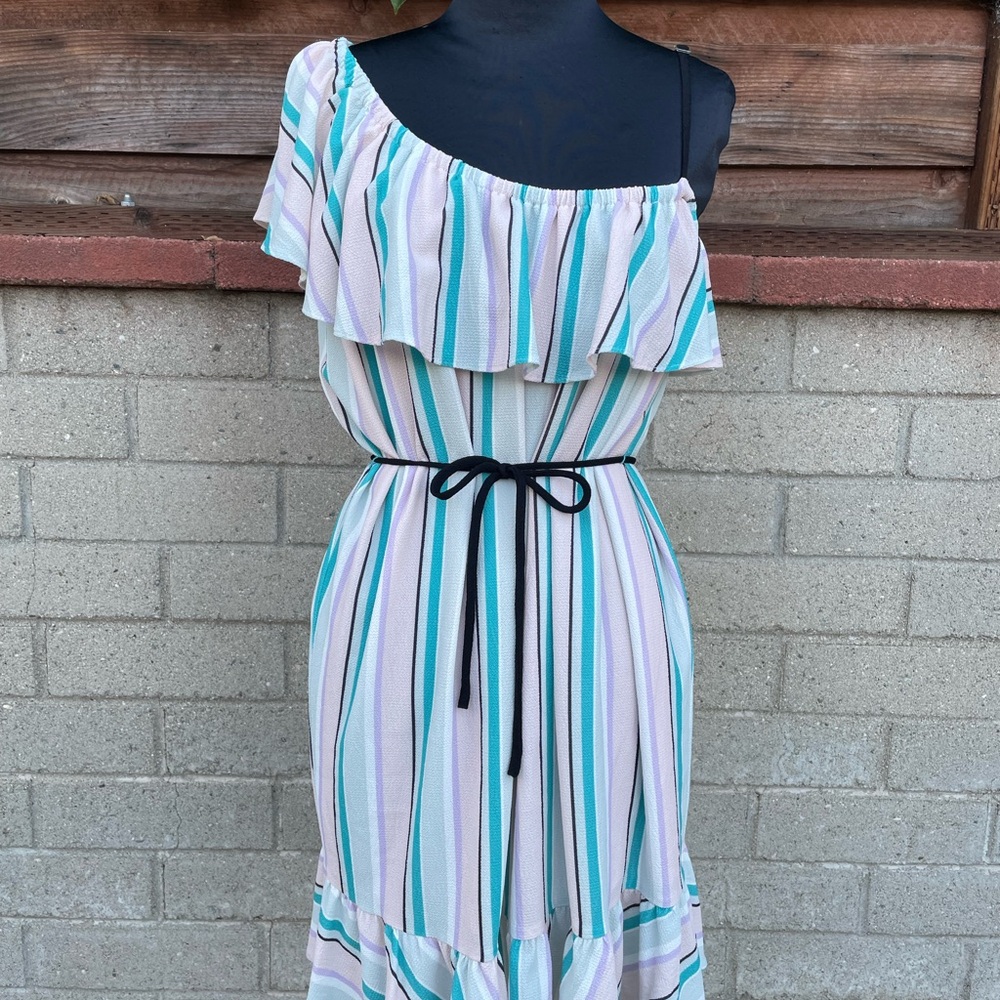 Striped One-Shoulder Dress with Ruffle - Picture 3 of 11